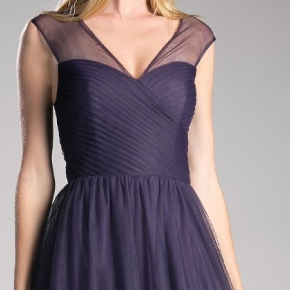 NEW EGGPLANT LONG TULLE SLEEVELESS DRESS WITH V-NECKLINE AND A-SILHOUETTE ET320 - Picture 3 of 7
